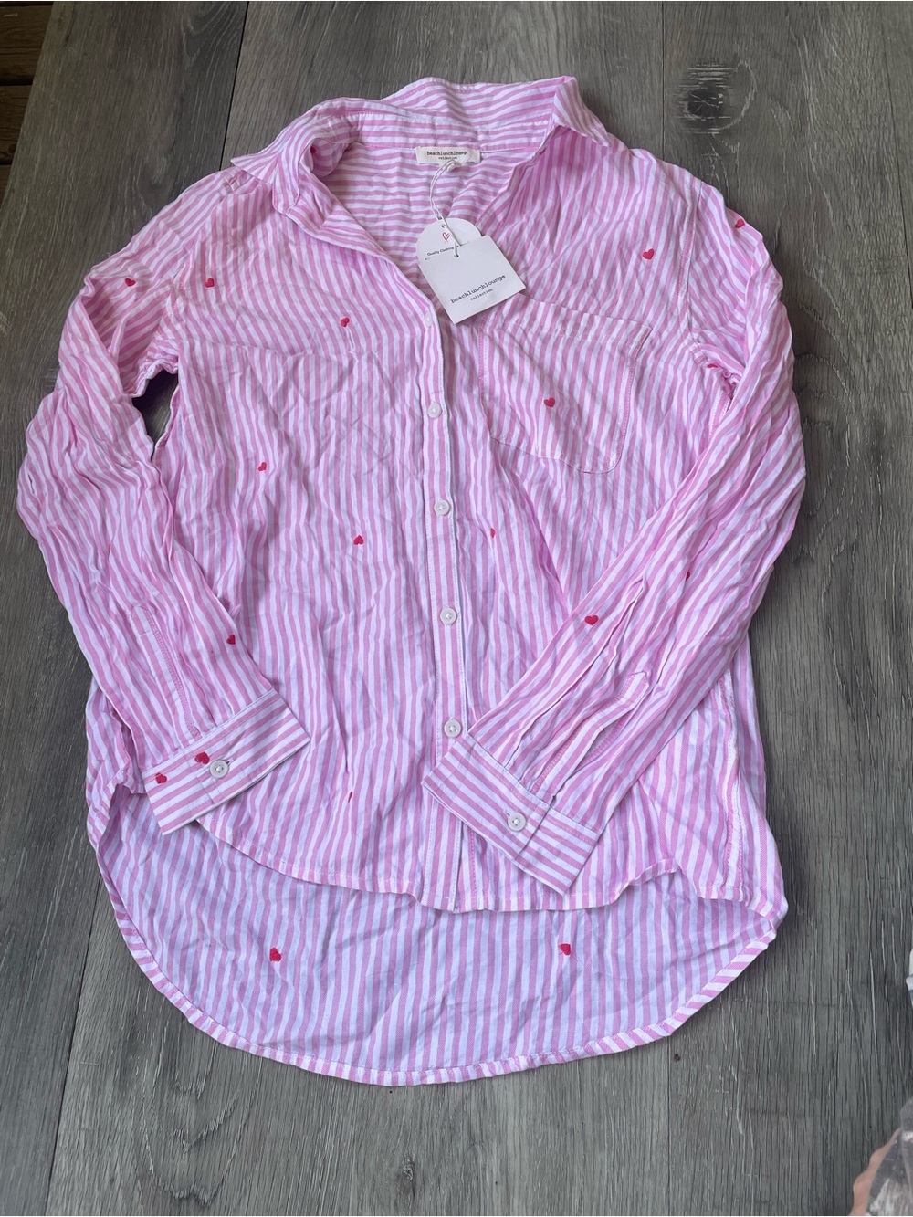 beachlunchlounge Pink & White Striped Button-Down Shirt with Red Heart Motifs